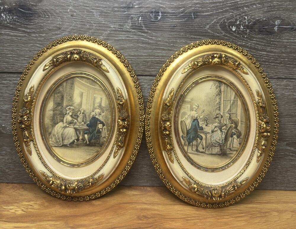 Antique Pair Newcomb-Macklin Co Gilt Oval Frames French Prints 9 3/4" x 7 5/8"